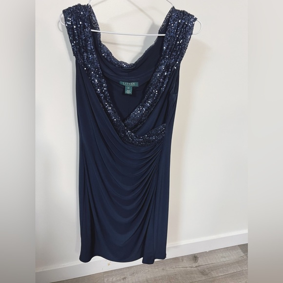 Lauren Ralph Lauren navy knee length evening dress w sequin collar details SZ 14 - Picture 5 of 6